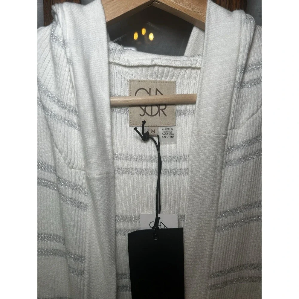 NWT Chaser Striped Hooded‎ Cardigan With Tie White & Metallic Silver Size M